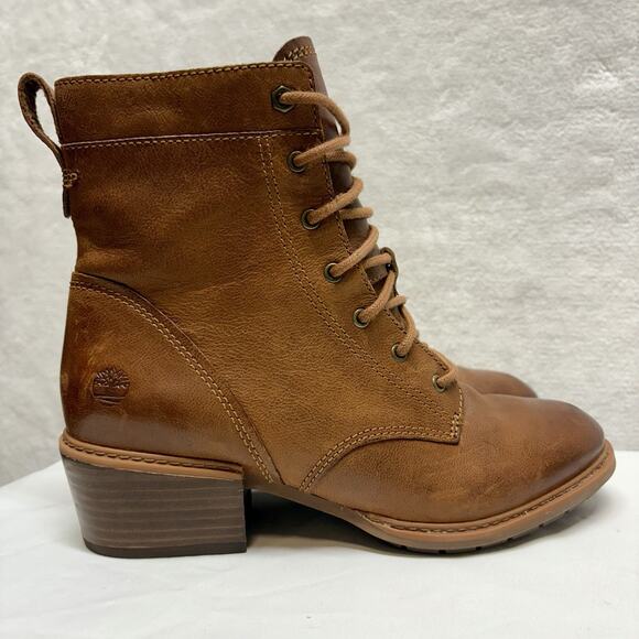 Timberland Sutherlin Bay Lace-Up Leather Block Heel Combat Bootie Size 7.5 Brown - Picture 1 of 12
